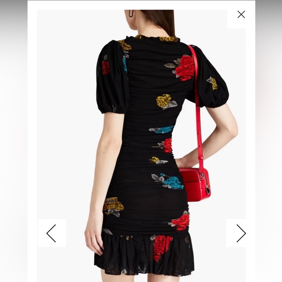 Ganni black ruched floral print stretch mesh dress - Picture 2 of 9